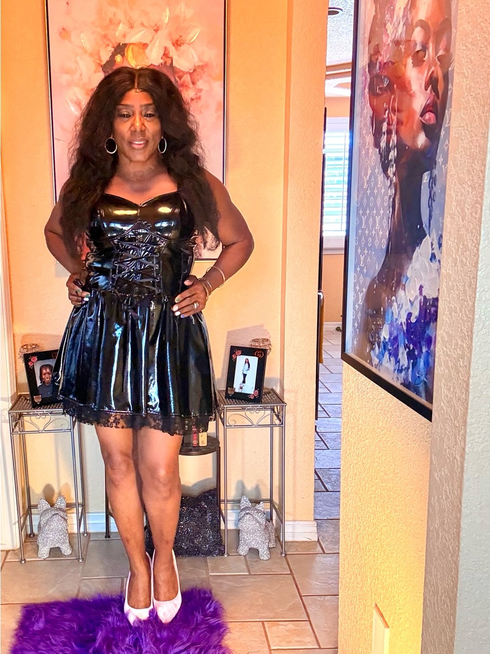 Black Vinyl Lace-Trim Mini Dress - Sleek Party Dress - Picture 8 of 13